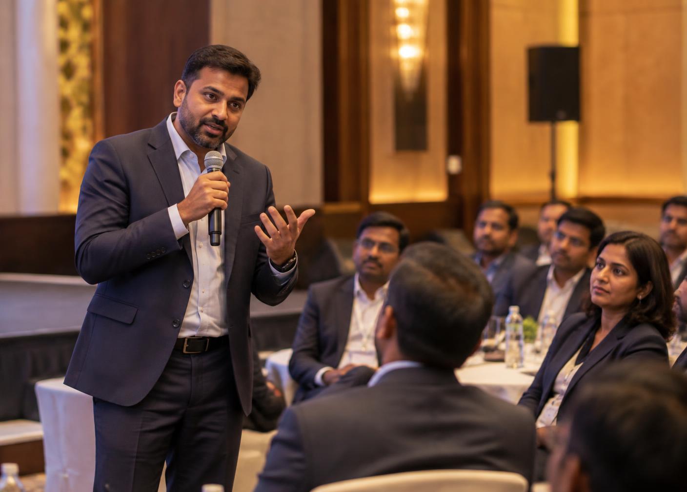 Sharat Sharma taking a question from a leadership audience during a session
