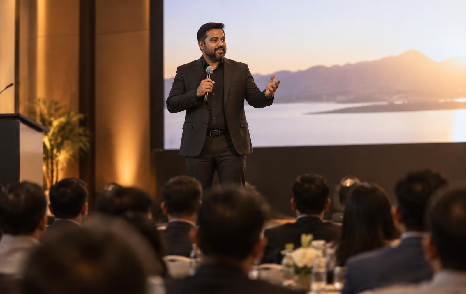Sharat Sharma delivering a keynote on stage to a corporate audience